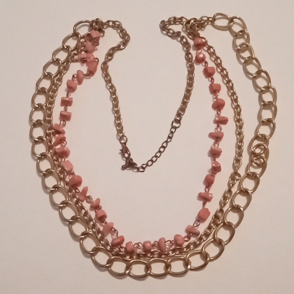 #938.  Gold Toned And Coral Colored Acrylic Rosary Style, Multi Strand Necklace.